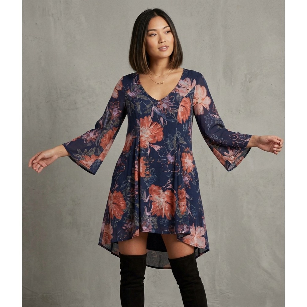 Free People Eyes On You Printed Dress Womens 12 Navy Floral V Neck Kimono Sleeve